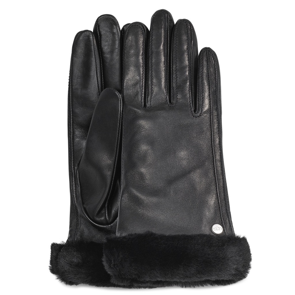 UGG Shorty Sheepskin Shearling-Cuff Black Leather Gloves Size Small - Picture 2 of 7